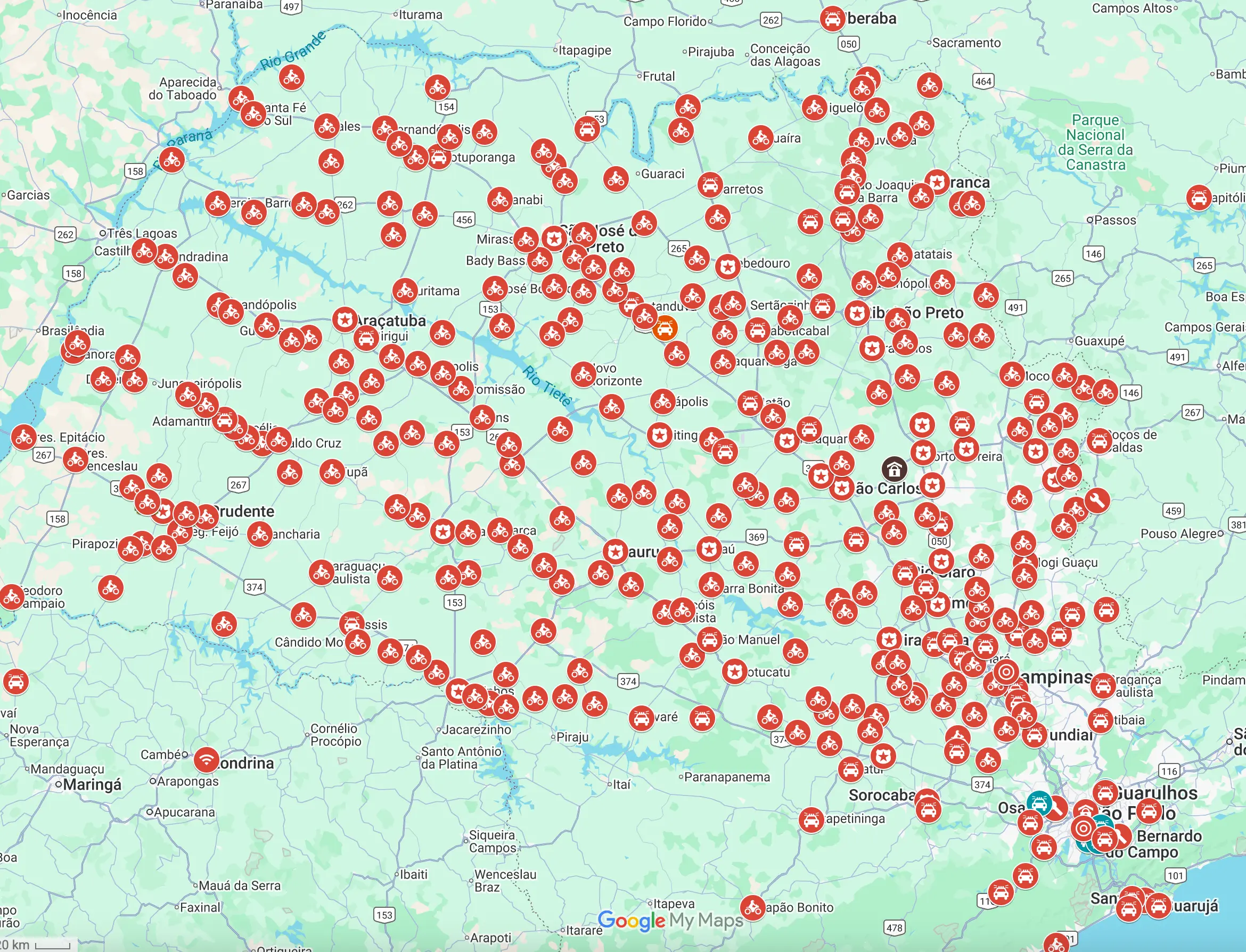Mapa com pontos indicando a cobertura da Edare